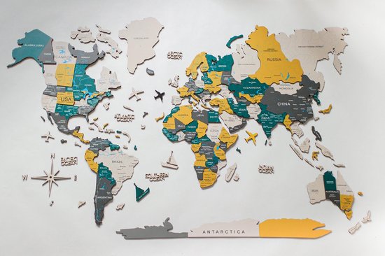 Wereldkaart en bois 3D - Country - XL (200 x 120 cm)