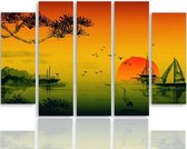 Schilderij , Japans Landschap en boten , Multikleur ,4 maten , 5 luik , wanddecoratie , Premium print , XXL