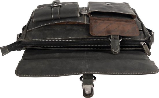 Sac messager noir ouvert avec deux poches à rabat, une fermeture éclair et un rabat en cuir avec boucle.