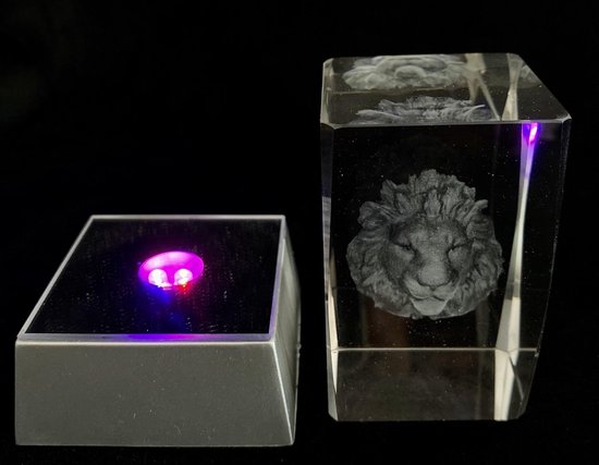 Bloc laser en verre cristal avec image 3D du lion + éclairage.