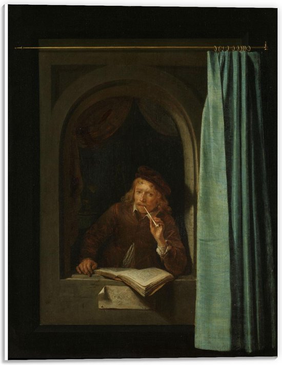 Forex - Oude meesters - Pijprokende man, Gerard Dou, ca. 1650 - 30x40cm Foto op Forex