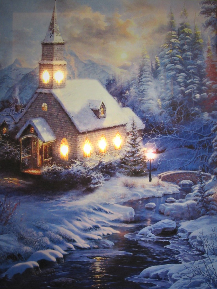 Schilderij met led verlichting - Canvas op houten frame - Kerk in winterlandschap - 7 x LED - 40 x 50 cm - Kersthuisjes en Kerstdorp met verlichting