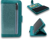 HB Hoesje Geschikt voor Apple iPhone 12 Pro Max Turquoise - Luxe Glitter Portemonnee Book Case met Rits