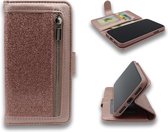 iPhone 12 & iPhone 12 Pro Hoesje Rosegoud - Luxe Glitter Portemonnee Book Case met Rits