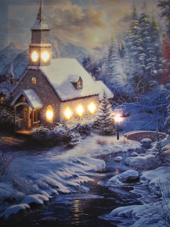 Schilderij met led verlichting - Canvas op houten frame - Kerk in winterlandschap - 7 x LED - 40 x 50 cm - Kerst