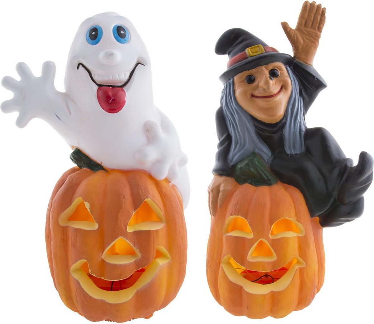 spook en heks op pompoen met licht - 32 cm - 2 stuks - feestdecoratievoorwerp - halloween
