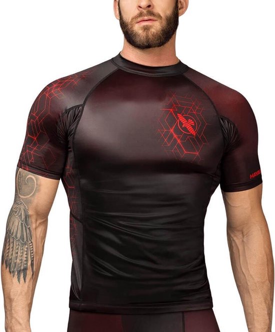 Hayabusa Geo Short Sleeve Rashguard - Zwart, Rood - maat L