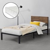 Metalen bed Lausanne met matras 90x200 zwart en walnoot