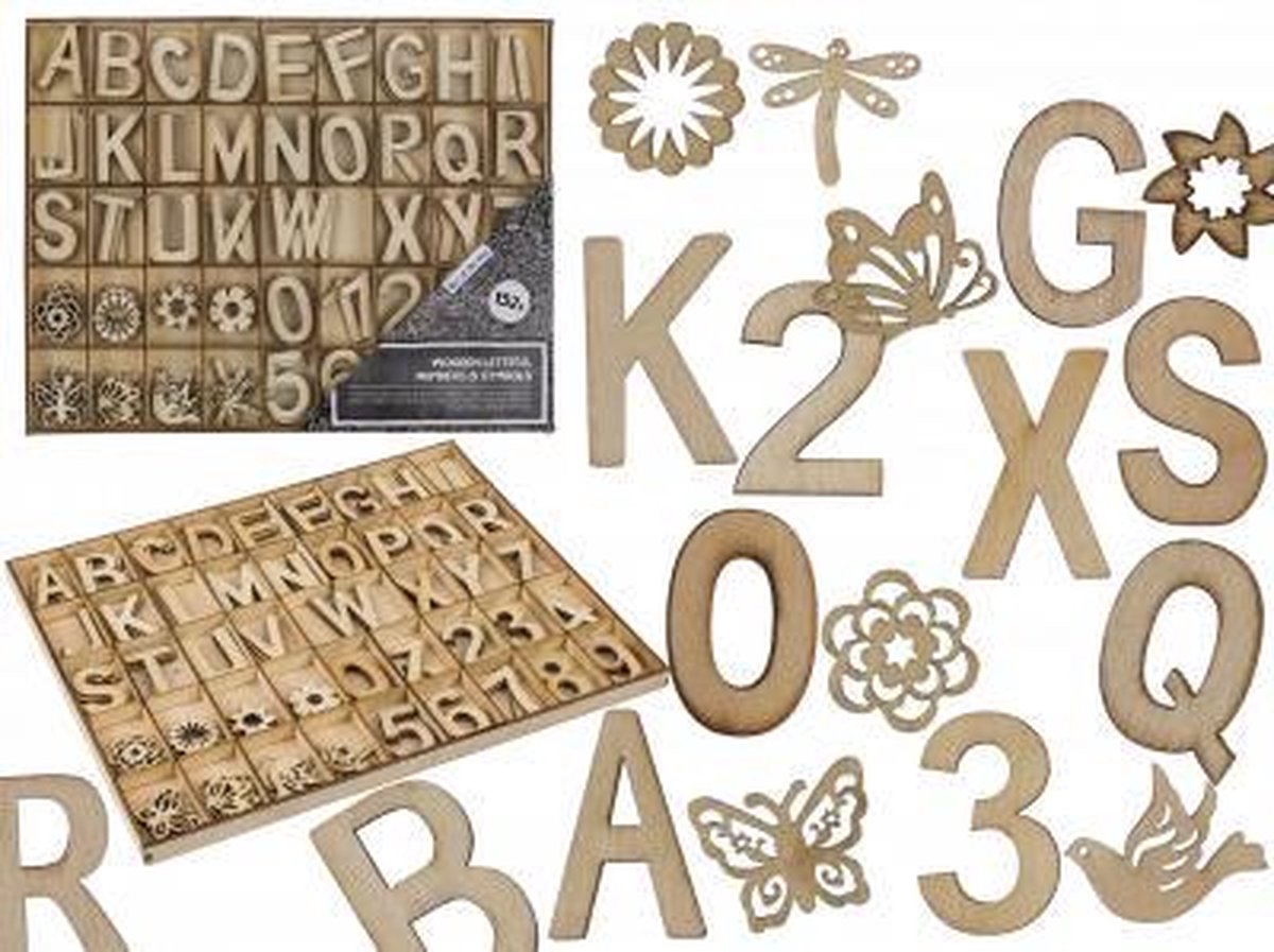 houten letters, cijfers en figuurtjes in box / 132 stuks / H