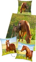 Dekbedovertrek Paard, 135 x 200 cm, Merrie met Veulen , Dekbed eenpersoons - incl. sierkussen bruin paard 40x40 cm