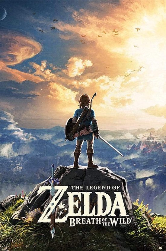 Link staat op een rots met een boog, schild en zwaard, met op de achtergrond bergen en de titel 'The Legend of Zelda: Breath of the Wild'.