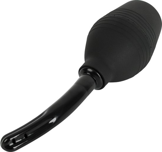 Zwarte anaaldouche met gebogen tuit en ribbelvormige pomp.