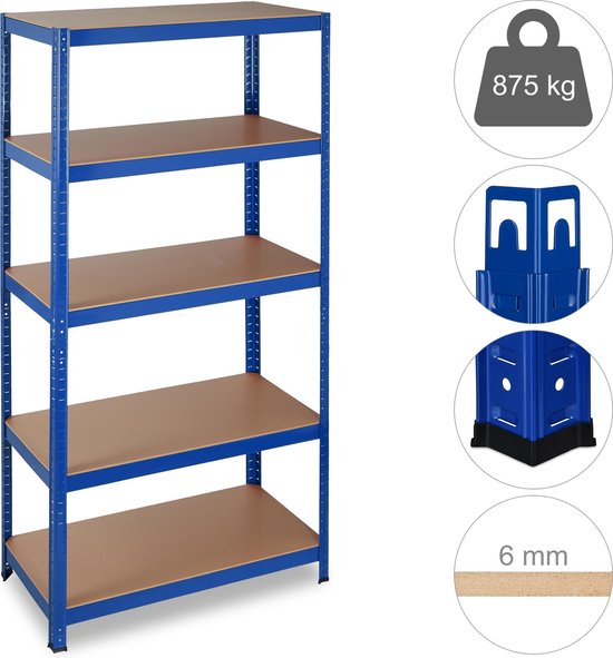 Relaxdays stellingkast blauw - opbergrek 5 etages - rek voor garage - metaal - MDF