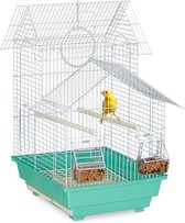 Relaxdays kleine vogelkooi - met accessoires - kanariekooi - kooi voor vogels - zitstok - groen