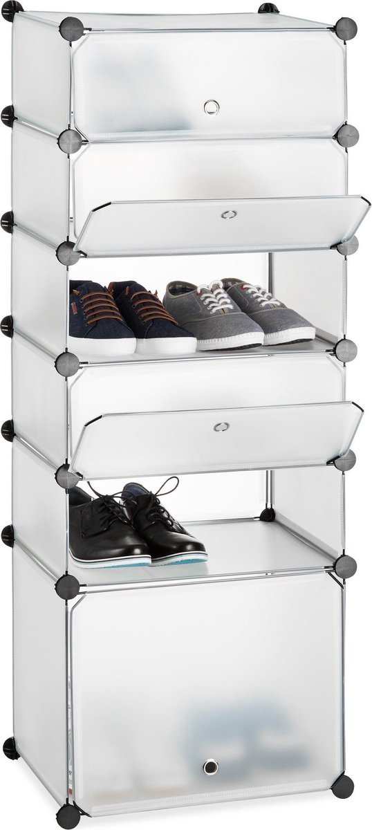 Relaxdays schoenenrek kunststof 6 vakken schoenenkast DIY vakkenkast met kleppen doorzichtig