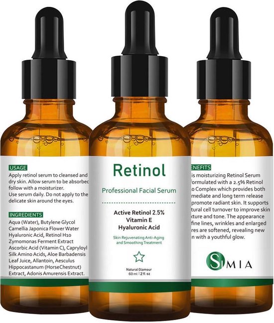 Simia™ Original Active Retinol Serum - Met Vitamine E & Hyaluronzuur - Gezichtsserum - Collageen - Anti Aging - Celvernieuwing - Anti-Acne - Tegen Mee-eters en Grove Poriën - Tegen Pigmentvlekken - 60ml