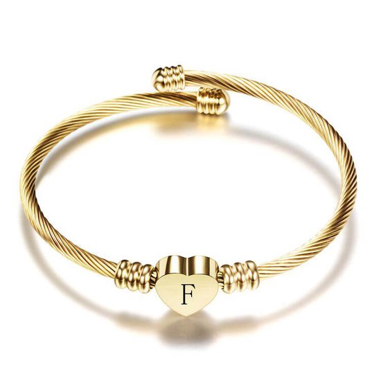 24/7 Jewelry Collection Hart Armband met Letter - Bangle - Initiaal - Goudkleurig - Letter F