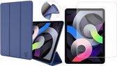iPad Air 2020 Hoes - iPad Air 2022 Hoes - 10.9 inch - Trifold Smart Book Case Cover Leer Hoesje Blauw - Tempered Glass Screenprotector