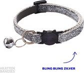 Kattenhalsband | Halsband kat | Kitten | Kattenbandje glitter zilver | Kattenhalsbandje met veiligheidssluiting en belletje