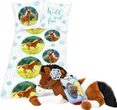 Dekbedovertrek bruin Veulen , 1persoons dekbed , 135x200, incl. grote paarden knuffel - 60 cm -bruin/wit