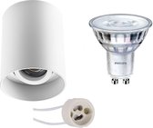 Opbouwspot Set - Pragmi Luxina Pro - GU10 Fitting - Opbouw Rond - Mat Wit - Verdiept - Kantelbaar - Ø90mm - Philips - SceneSwitch 827 36D - 1.5W-5W - Warm Wit 2200K-2700K - Dimbaar - BSE