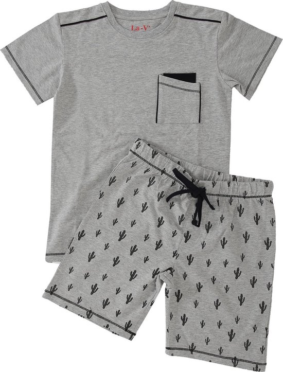 La V Pyjama short pour garçon - Grijs avec imprimé cactus 164-170