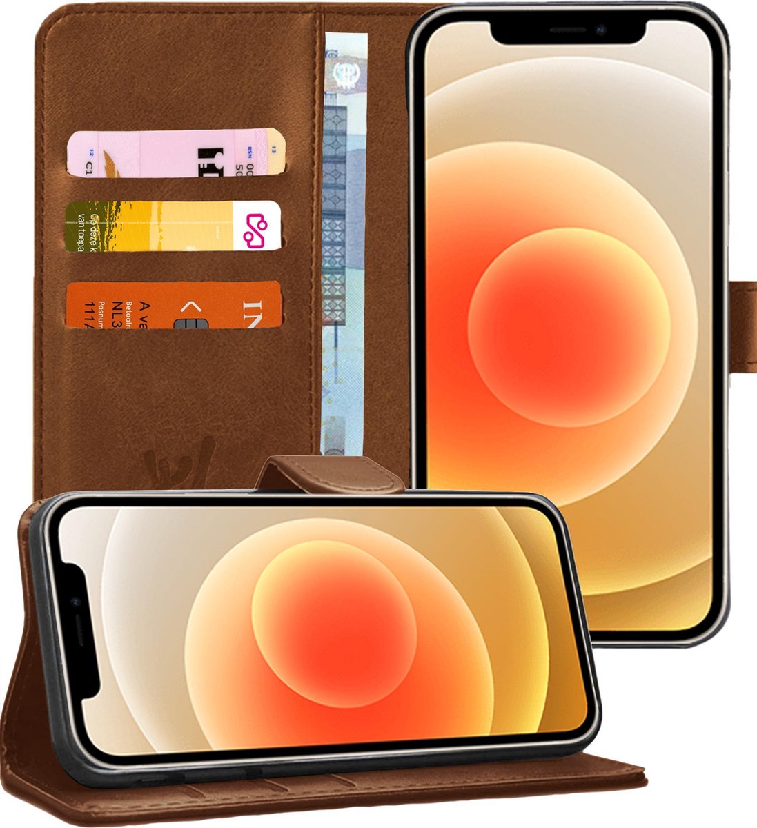 Hoesje geschikt voor iPhone 12 pro - case bruin book cover Kunstleer wallet