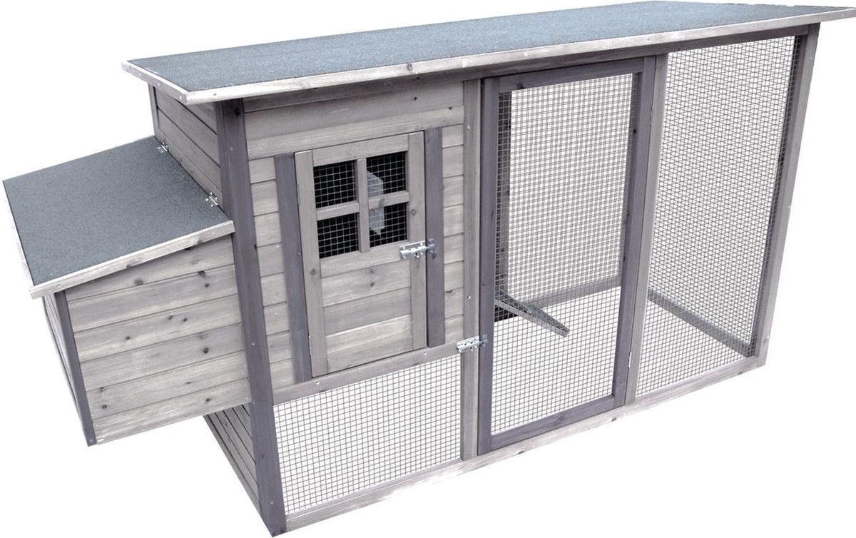 Bol.com Flamingo Kippenhok Palacio Cottage - 309 x 150 x 117 cm - Ruim Grijs Houten Hok met Buitenren en Legnest aanbieding