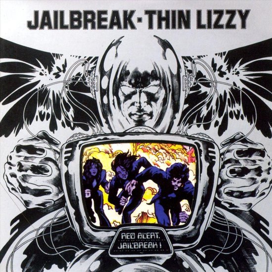 Albumhoes Jailbreak - Thin Lizzy. Een hoofd in een helm kijkt naar een tv-scherm met een band erop. Rode Alert, Jailbreak!