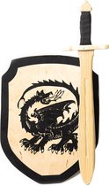Houten struikroverzwaard en ridderschild met zwarte Leeuw kinderzwaard ridder zwaard schild