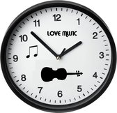 Moderne Zwarte Klok / I love music / Viool / Muurklok Zwart / Wandklok Zwart / 23cm / Ronde Muurklok / Wandklok