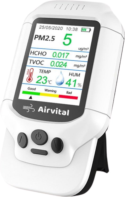 Airvital - Luchtkwaliteitsmeter: Fijnstofmeter (PM2.5), Formaldehyde (HCHO) en Vluchtige Organische Stoffen (VOS) - met alarm