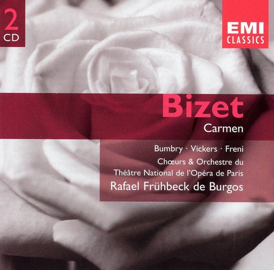 CD hoes voor Bizet's Carmen, met een roos op de achtergrond en de tekst 'EMI CLASSICS'.