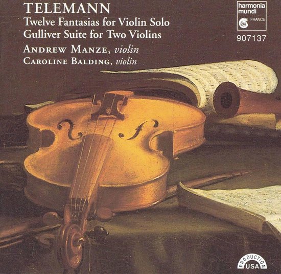 Albumhoes voor 'TELEMANN Twelve Fantasias for Violin Solo Gulliver Suite for Two Violins'. Een viool ligt opengewerkt met bladmuziek ernaast.
