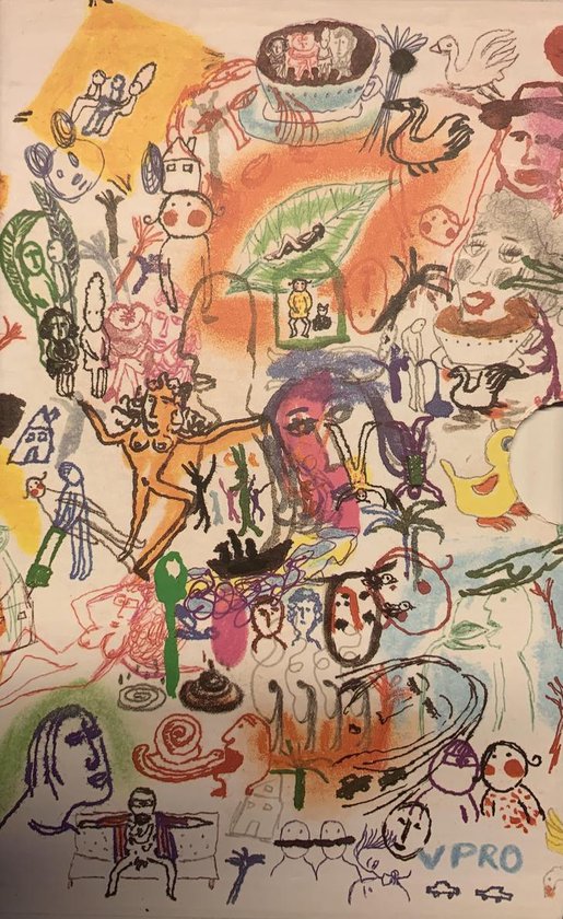 Abstracte tekening met mensen, dieren en huizen in felle kleuren, waaronder oranje, roze en geel.