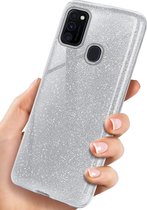 HB Hoesje Geschikt voor Samsung Galaxy A20S Zilver - Glitter Back Cover