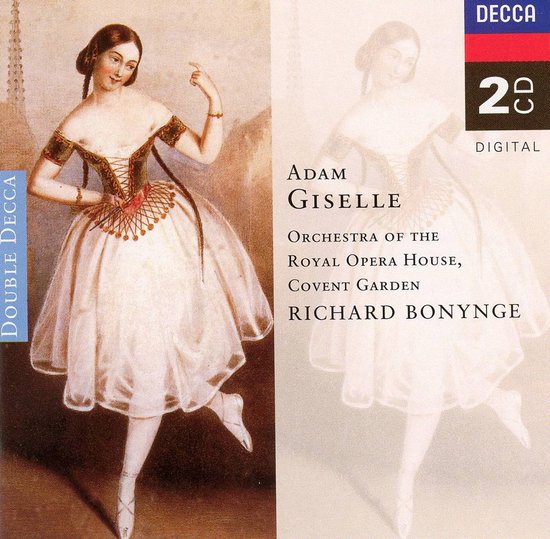 Een ballerina in een witte tutu met korset, naast een schaduw van dezelfde pose. "Adam Giselle", "Orchestra of the Royal Opera House", "Richard Bonynge", "Decca"