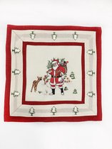Kerst-tafelkleed Linnenlook Creme  - Rode rand met Kerstman en Hert - Vierkant 40 cm
