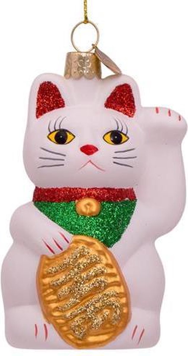 Vondels Glazen kerst decoratie hanger witte lucky cat H9cm