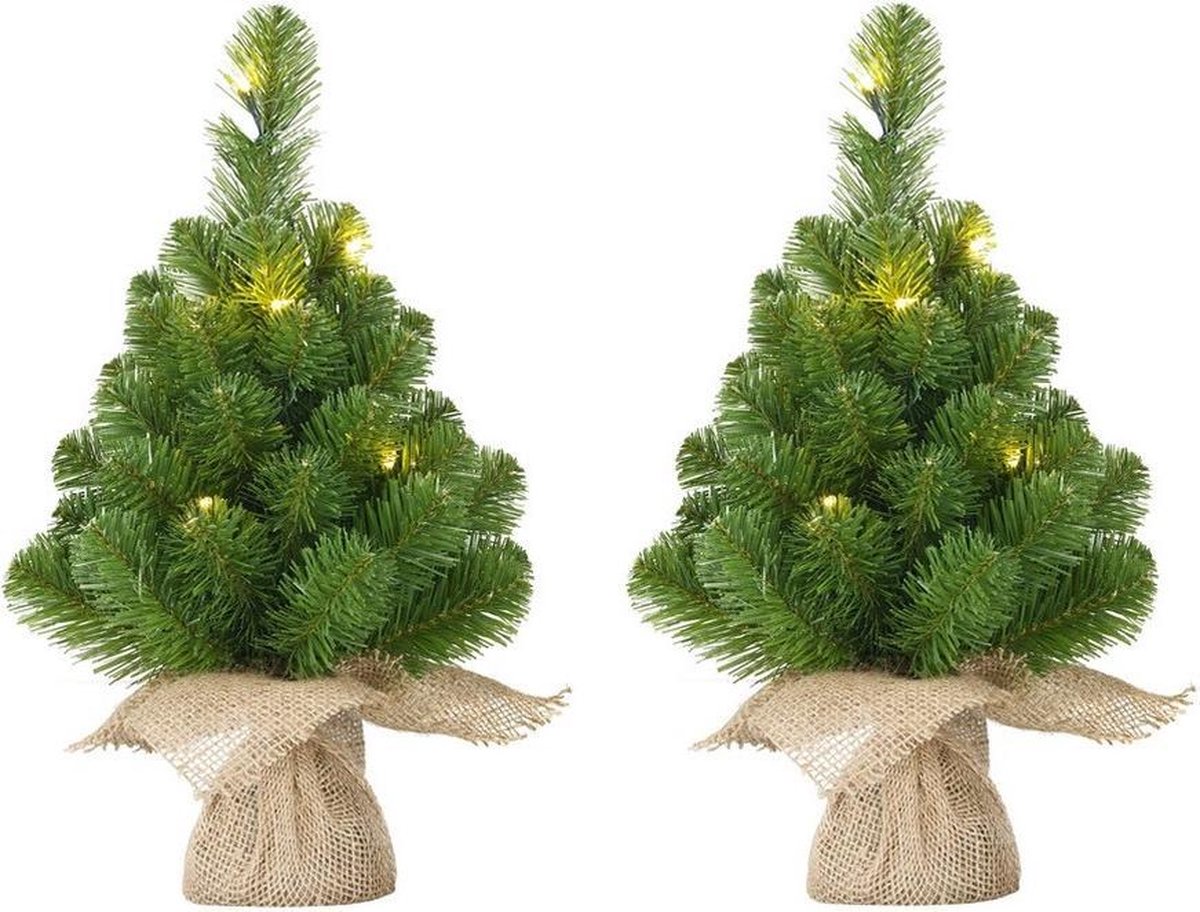 3x Mini kunst kerstbomen met 15 groene Led lampjes 60 cm - Kunst kerstboompjes/miniboompjes/kunstboompjes