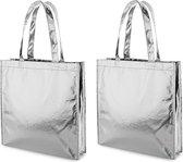 2x Gelamineerde boodschappentassen/shoppers zilver 34 x 35 cm - Non-woven gelamineerde tassen met 50 cm handvatten