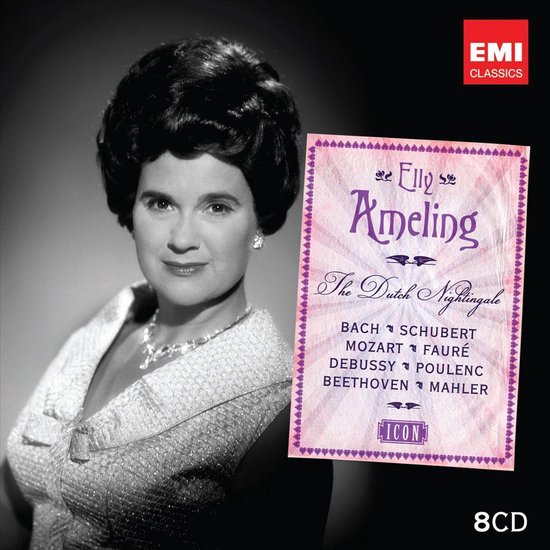 Elly Ameling, 'The Dutch Nightingale', 8CD icon. Portret van zangeres met albumhoes.