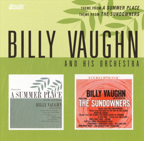 Albumhoes met de tekst "BILLY VAUGHN AND HIS ORCHESTRA" op een lichtgroene achtergrond, met twee kleinere vierkante afbeeldingen van albumhoezen.