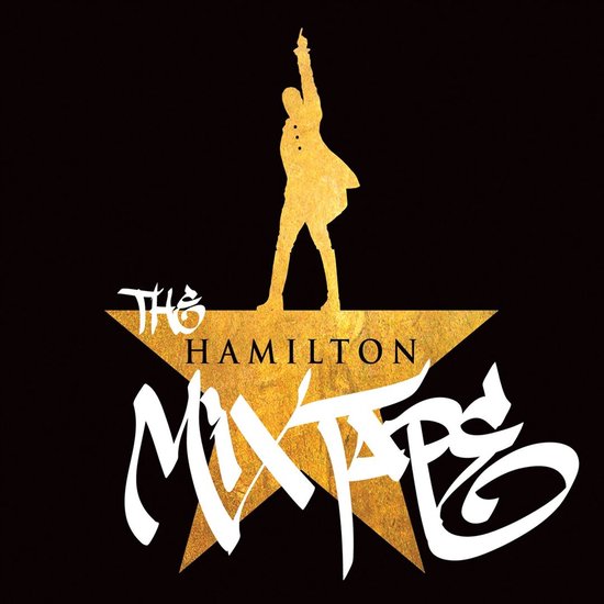 Gouden silhouet van Alexander Hamilton staat op een ster met de tekst 'The Hamilton Mixtape'.