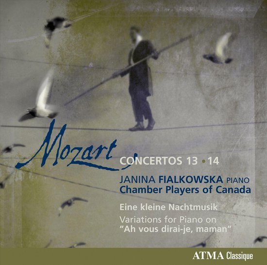 Mozart Concertos 13 & 14, Janina Fialkowska, Chamber Players of Canada, Eine kleine Nachtmusik, Variaties op "Ah vous dirai-je, maman". Een man loopt op een koord.