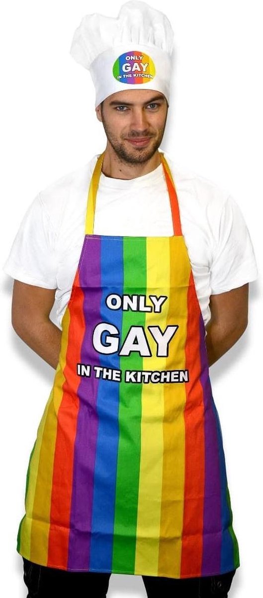 CKB ltd - Only Gay In The Kitchen - Keukenschort - Heren en Dames - Grappige Keukenschorten - Inclusief Koksmuts - Multi kleur Gestreept - Regenboog