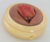 Luxe Pillendoosje van kwaliteitsmetaal messing,verguld met echt goud, afbeelding roze tulp, met spiegeltje en drievaksverdeling.