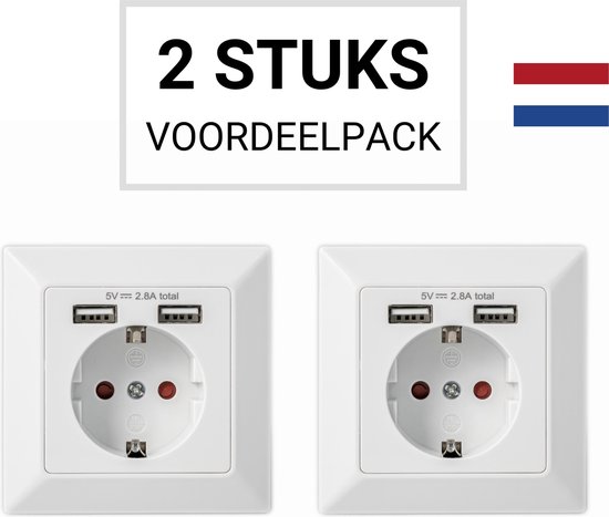 Naar behoren stok verjaardag Wandcontactdoos Inbouw 2 stuks (NL) – Stopcontact Met 2 USB Poorten – Wit  RAL9010 –... | bol.com