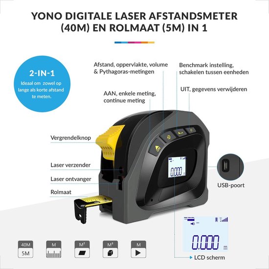 Spectaculair Interactie Uit YONO Laser Afstandsmeter - 40 Meter + 5 M Rolmaat 2in1 – Digitaal – Zwart  en Geel | bol.com