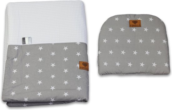 Babydeken – Babydekbed – coating: 100% katoen – Dubbelzijdig dekbed met kussen -100cmx75cm- Plat kussen voor baby’s – Grijs – Wit – Sterren – Baby…